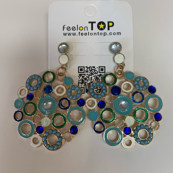 NWOT Gold costume earrings with blue and green - Picture 2 of 4